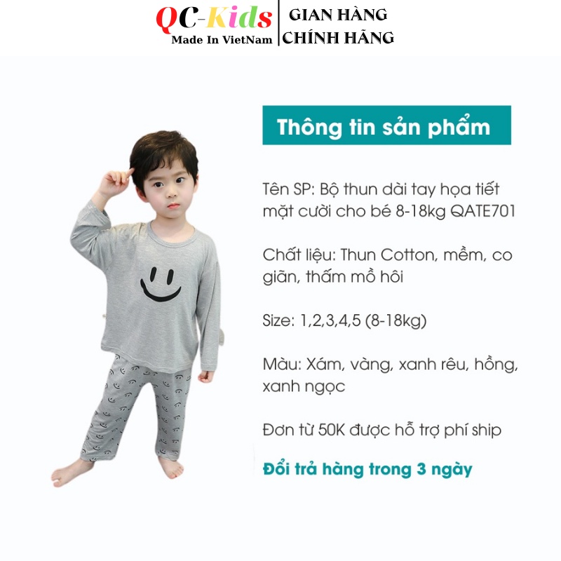 Bộ quần áo thu đông dài tay trẻ em in hình icon mặt cười chất cotton cho bé trai và gái 8-18kg