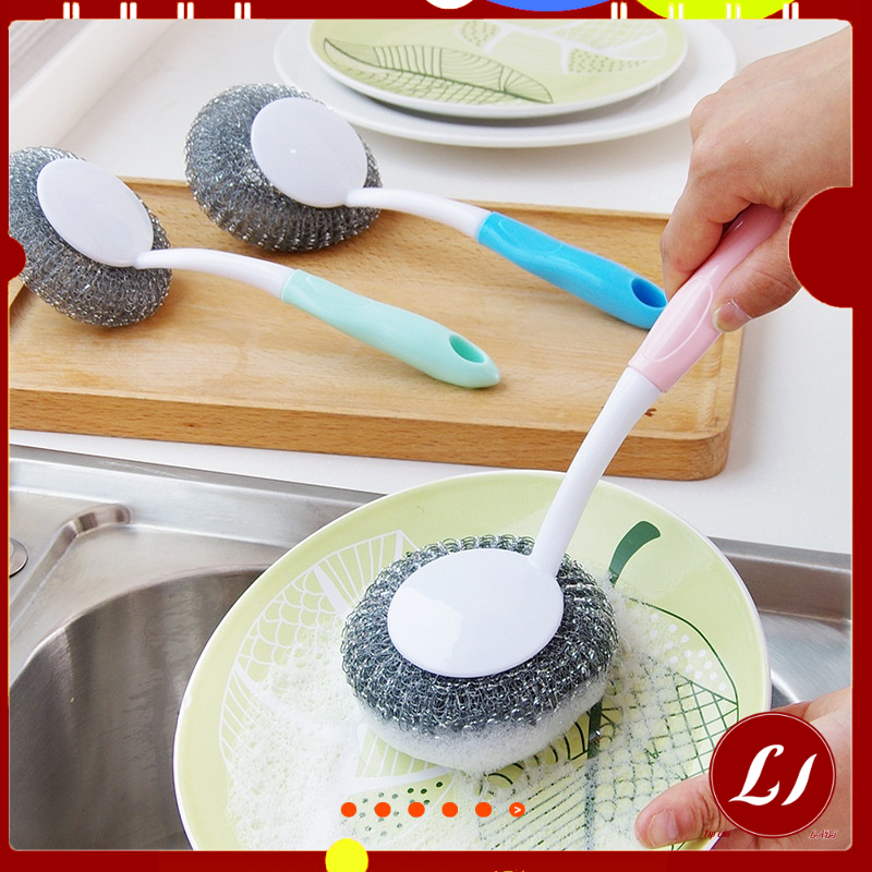 Cây CỌ BÙI NHÙI CÁN DÀI rửa bát xoong nồi chảo làm sạch vết bẩn tay cầm bằng nhựa