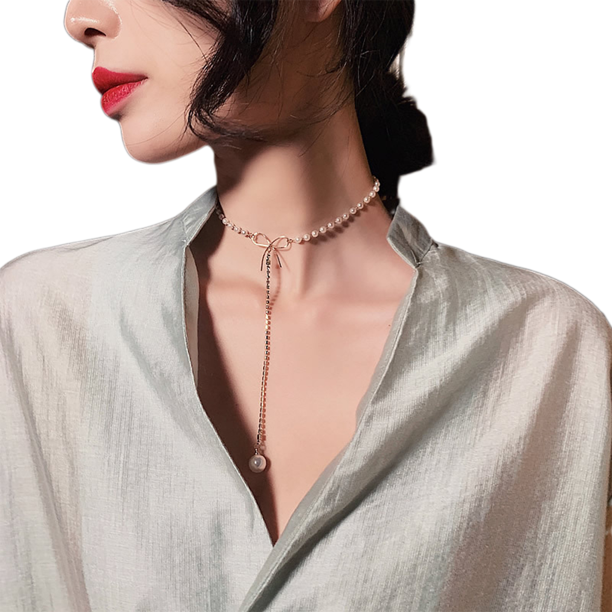 ✿-LZZ-✿-Clavicle Necklace Pearl Rhinestone Adjustable Bow Elegant Noble Fashionable Joker Woman Jewelry Pendant Necklace