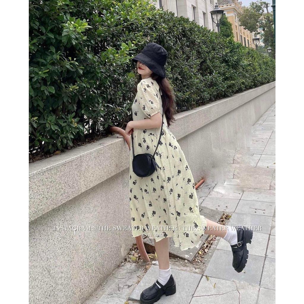 Đầm babydoll hoa nhí tay bồng, váy hoa dáng dài