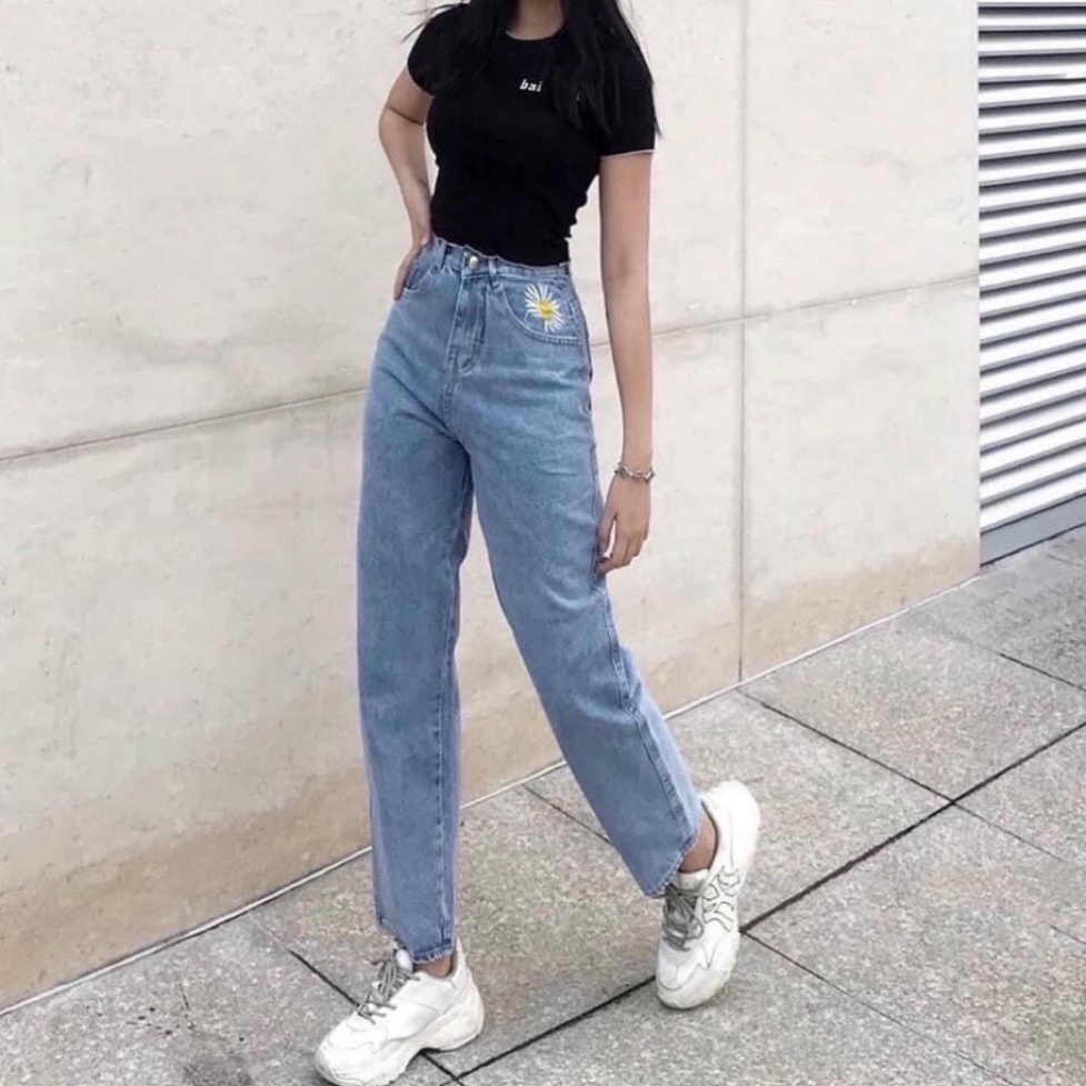 Quần Jean Nữ Dáng Suông Lưng Cao Ống Vừa Họa Tiết Thêu Hoa Cúc Vải Mềm Mại Mặc Đi Học Đi Chơi