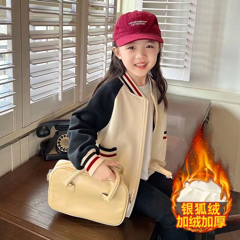 Áo Khoác Bóng Chày Lót Nhung Dày Dặn Màu Sắc Tương Phản Thời Trang Thu Đông 2022 Cho Bé Gái 3-14 Tuổi