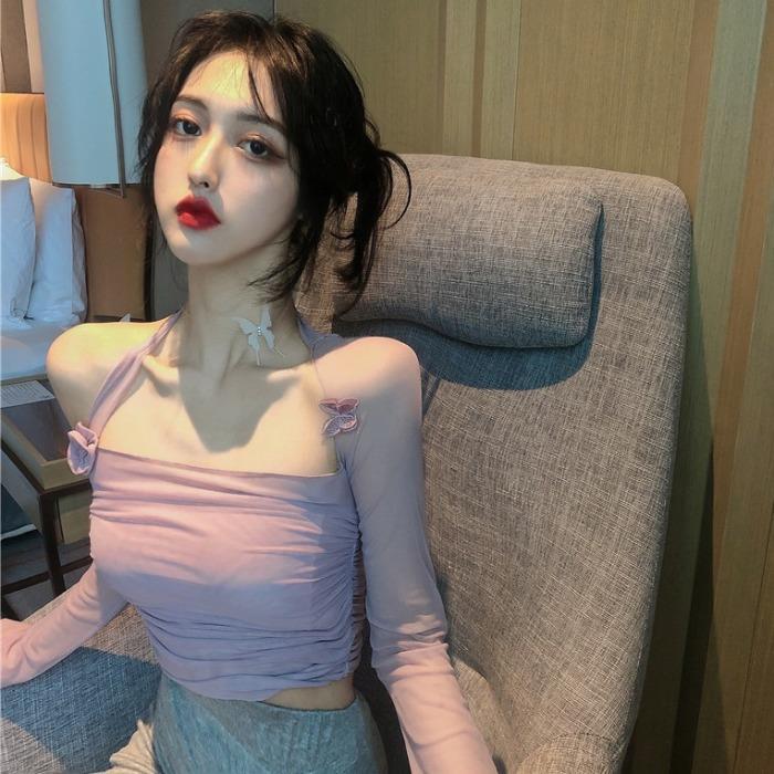 Áo Croptop Tay Dài Xếp Ly Quyến Rũ Thời Trang Mùa Thu Cho Nữ