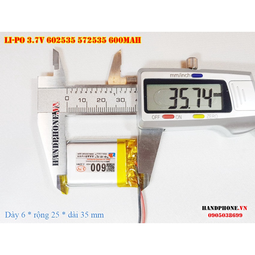 Pin Li-Po ZonCell 3.7V 600mAh 602535 572535 cho Điện Thoại, Smartwatch, Loa Bluetooth, Camera hành trình, Chuột quang