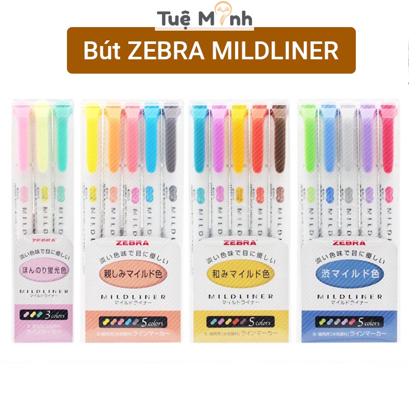 Bộ 5 bút highlight 2 đầu Zebra Mildliner Nhật Bản chính hãng, bút đánh dấu nhiều màu HI04