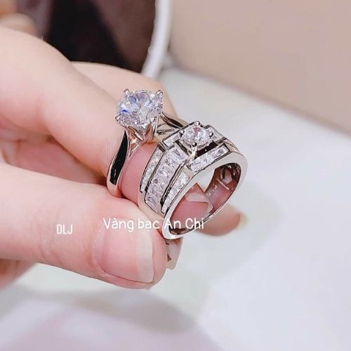 Nhẫn đôi bạc ta xi bạch kim - Nhẫn cặp nam nữ đính đá sang trọng, ACJM340W200