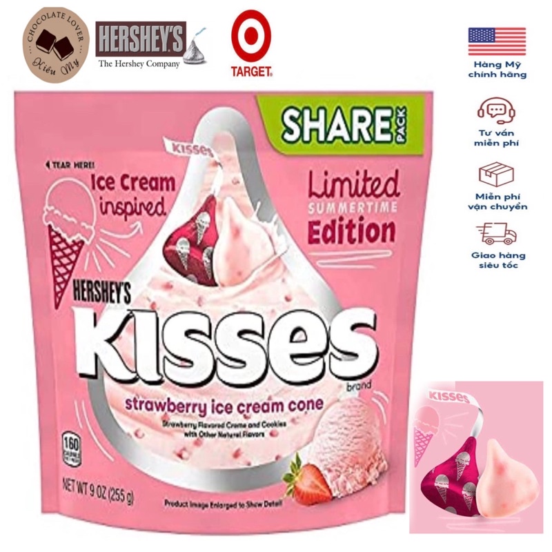 Kẹo Socola Mỹ sữa Hershey's Kisses Strawberry Ice Cream Cone túi 255gr vị dâu và cookies