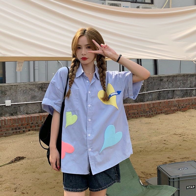 SUXI Áo Sơ Mi Nữ Tay Ngắn Dáng Rộng In Hình Trái Tim Phong Cách Retro