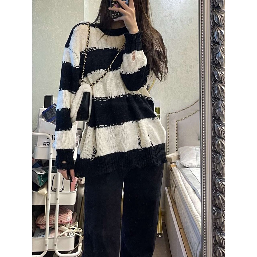 Cocory vn Áo sweater tay dài cổ tròn dáng rộng họa tiết sọc phong cách Hàn Quốc cho nữ | BigBuy360 - bigbuy360.vn