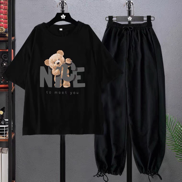 Sét Áo phông Gấu nice +quần bom chun, Áo thun from rộng, Chất đẹp không xù, quần suông ống rộng, Sét bộ mặc ở nhà - MODY