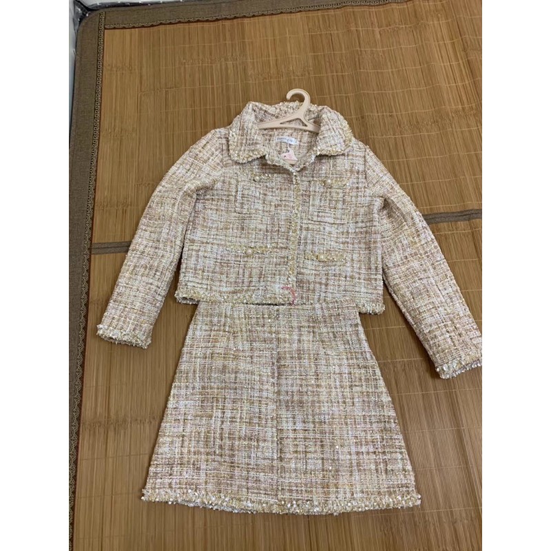 Set áo khoác váy dạ tweed cúc ngọc tiểu thư
