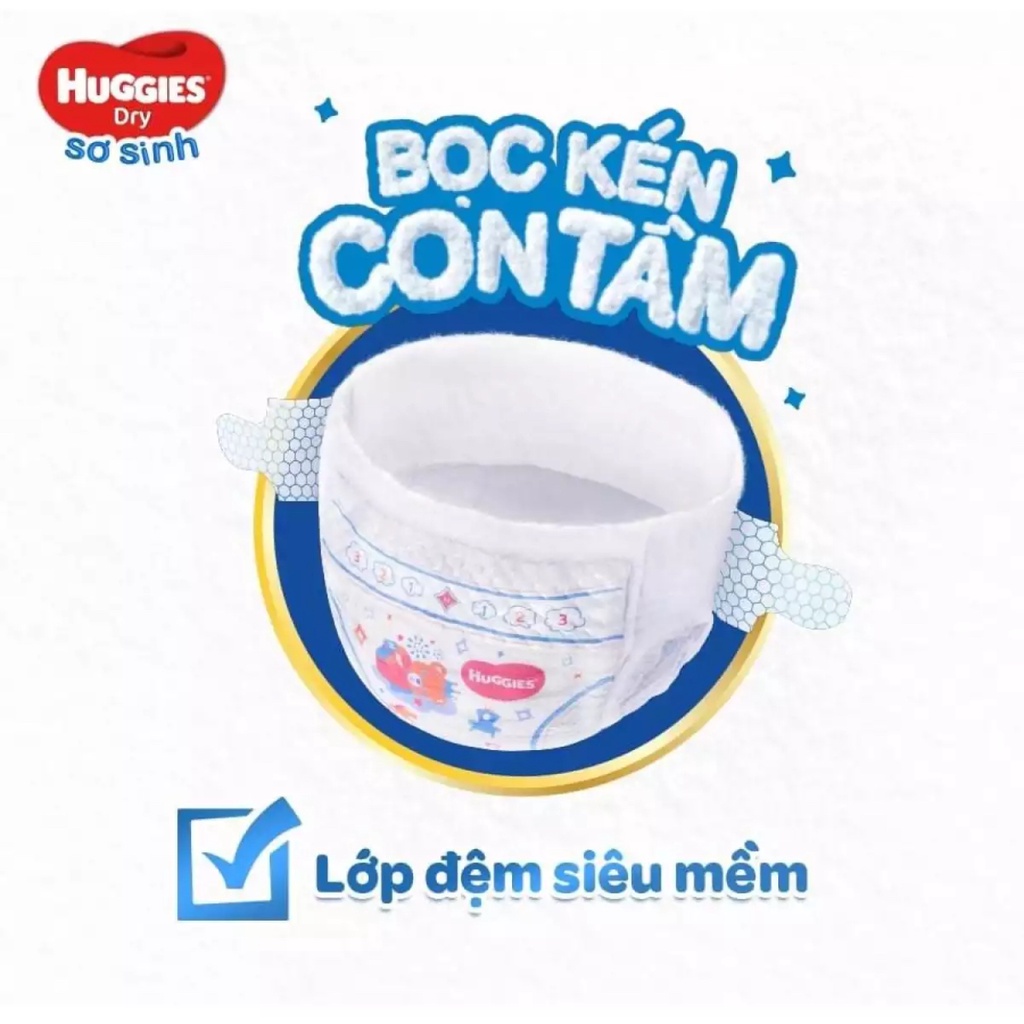 Tã dán sơ sinh Huggies S56+10,Nb74+10,NB100+8 mẫu mới bọc kén con tăm êm mềm