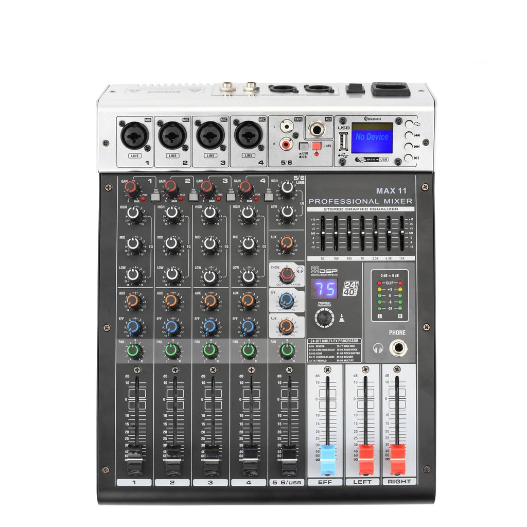 Bàn trộn âm thanh- Mixer Max 11 - 6 kênh (4 mono, 2stereo) kết nối Bluetooth,USB - 99 hiệu ứng vang - Tích hợp nguồn 48v