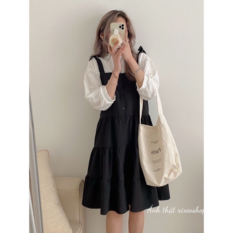 Sét váy Yếm Cúc Dọc Thân Thắt Nơ Vai Kèm Áo Sơ Mi
