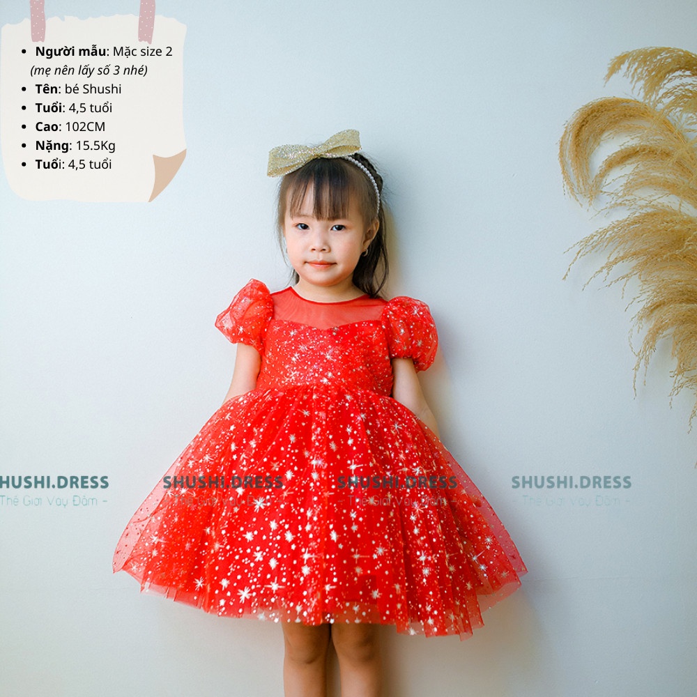 Váy công chúa bé gái, đầm công chúa màu đỏ princess tùng xòe 4 lớp phù hợp với các dịp NOEL và TẾT có kèm nơ TO và cài