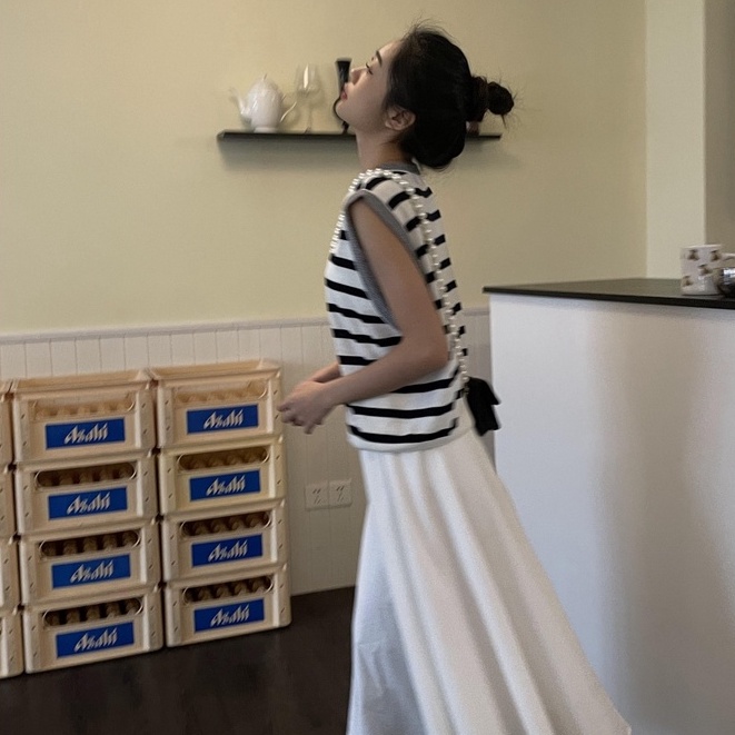 Áo thun ZHELIHANGFEI vải dệt kim không tay dáng rộng kẻ sọc ngang cá tính