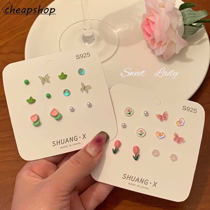 iF YOU Set 6 đôi khuyên tai   kiểu hoa tulip phong cách Hàn Quốc cổ điển dành cho nữ