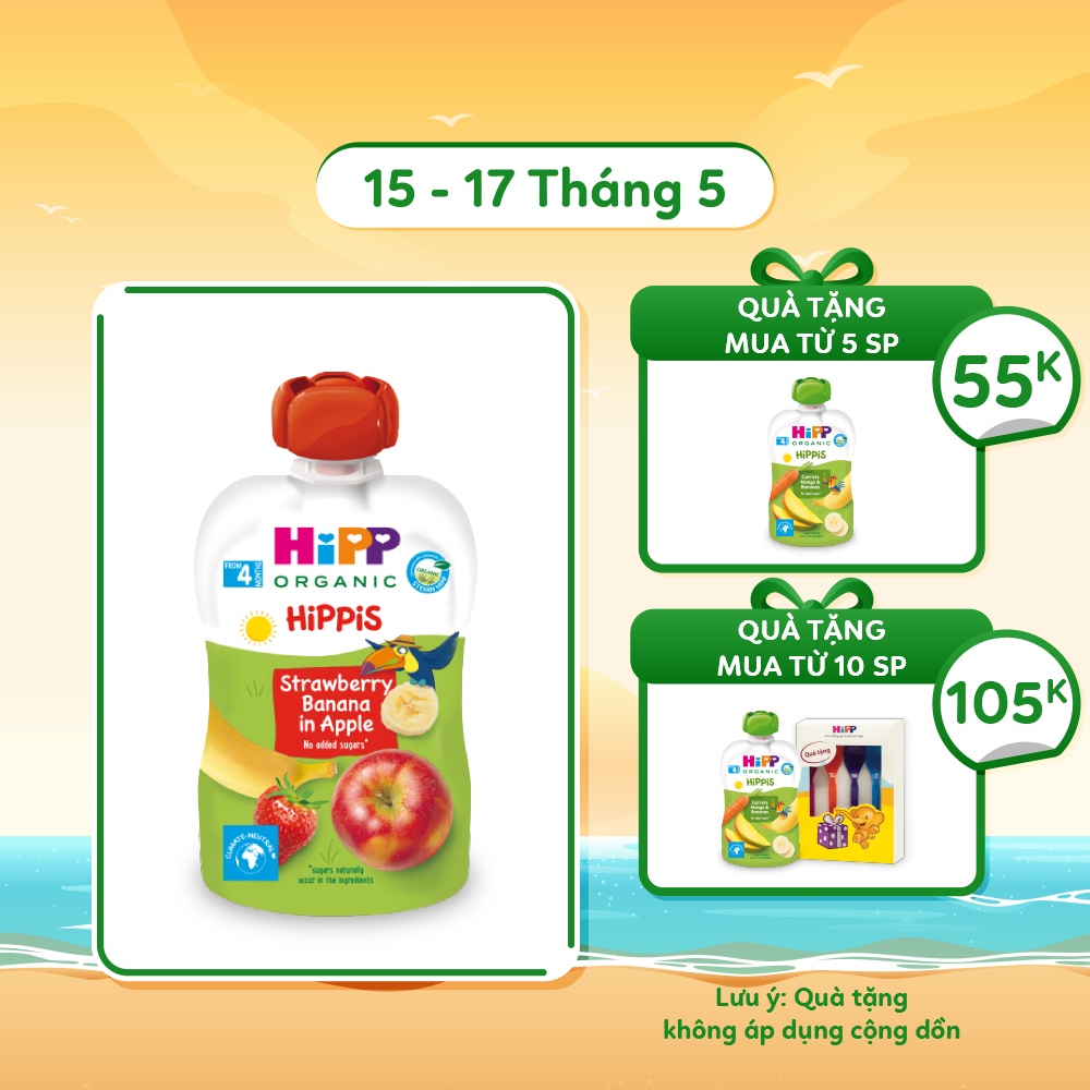 Dinh dưỡng 100% Trái cây nghiền Organic HiPPiS Dâu tây, Chuối, Táo 100g