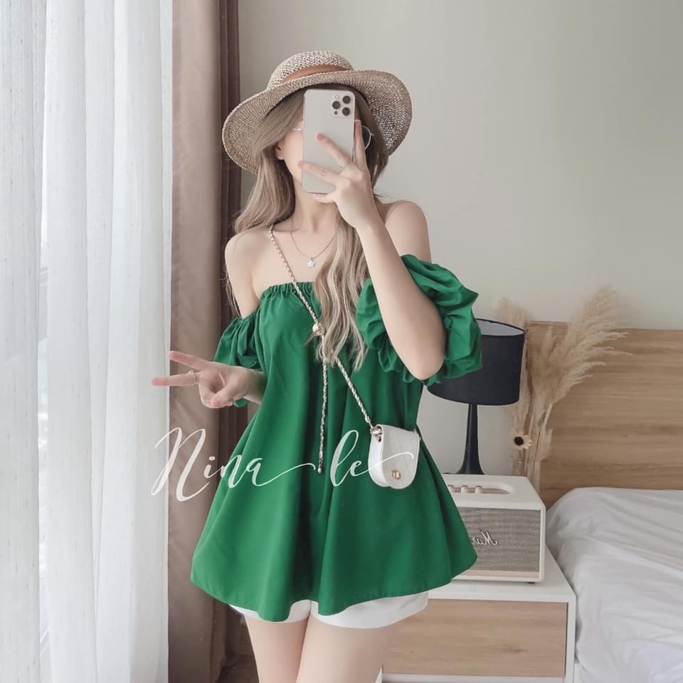 Áo trễ vai tay bồng- đầm babydoll bo chun hở vai về nhiều màu xanh lá, hồng, trắng, đen chất thô mềm mịn phong cách hàn