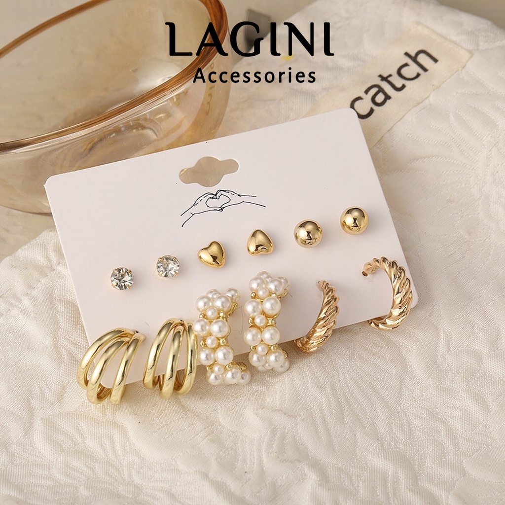 Set bộ bông tai khuyên tai Lagini ngọc trai Hàn Quốc sang chảnh cá tính cho nữ