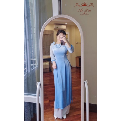 Áo dài nhung tiểu thư phối tay tơ cổ nơ điệu đà 3 màu xanh đỏ vàng, hàng chuẩn đẹp giá sát sỉ