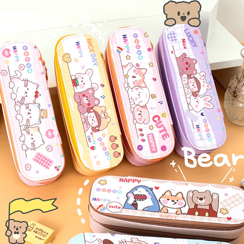 Túi Đựng Bút Bằng Da PU Cỡ Lớn Họa Tiết Hoạt Hình Dễ Thương Cho Học Sinh