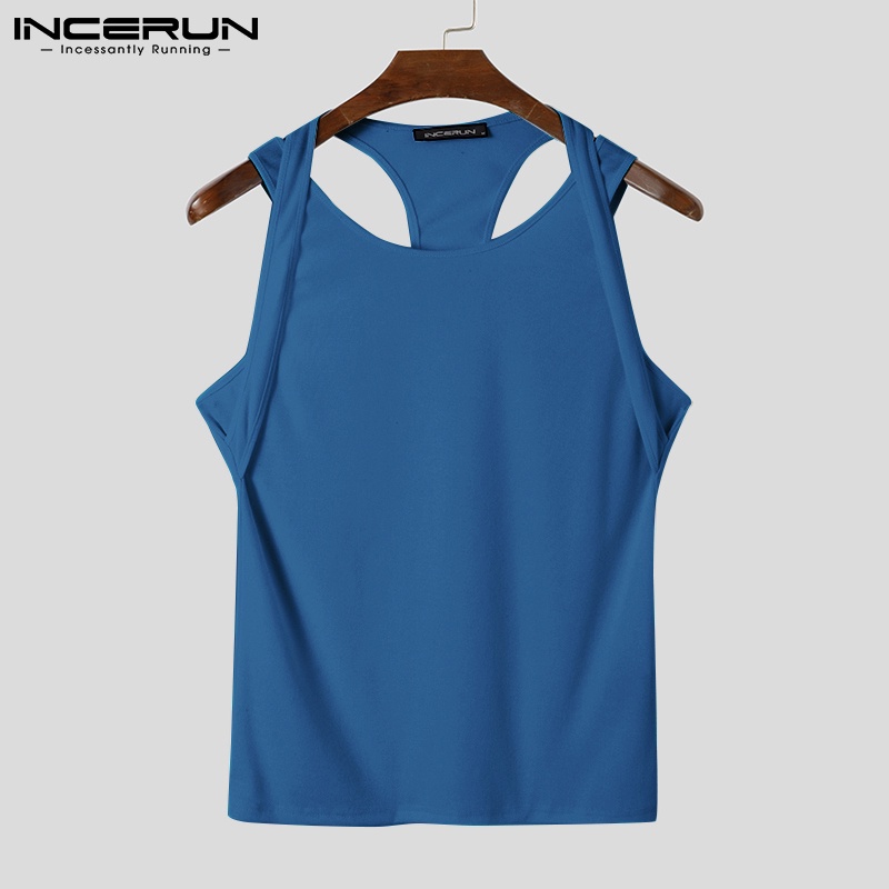 Áo thun không tay INCERUN màu trơn đơn giản cho nam