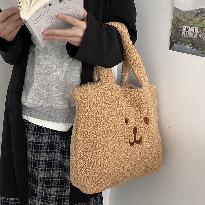 Túi Tote Đeo Vai/ Xách Tay Bằng Vải Bạt Phủ Lông Cừu Phối Nhung Thân Thiện Với Môi Trường Cỡ Lớn sb52