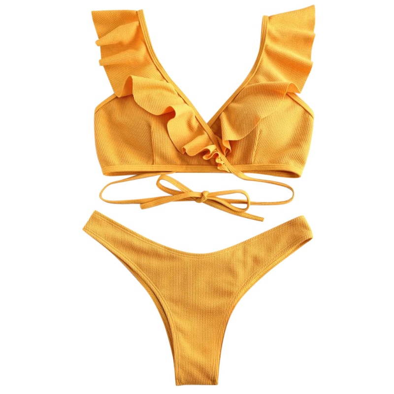 Bộ Bikini 2 Mảnh Cổ Chữ V Thắt Dây Chéo Màu Trơn Quyến Rũ Cho Nữ