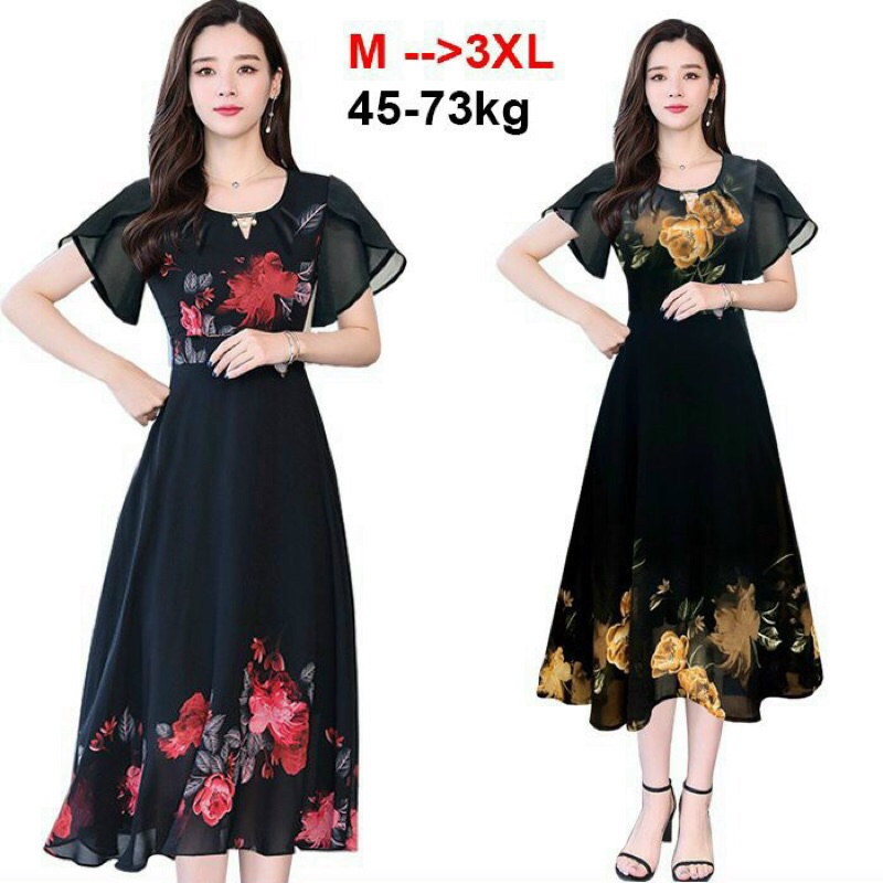 Đầm xoè trung niên tay loe in hoa đính phụ kiện