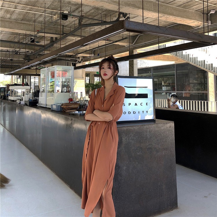 Váy sơ mi dáng dài vintage thắt eo cài khuy