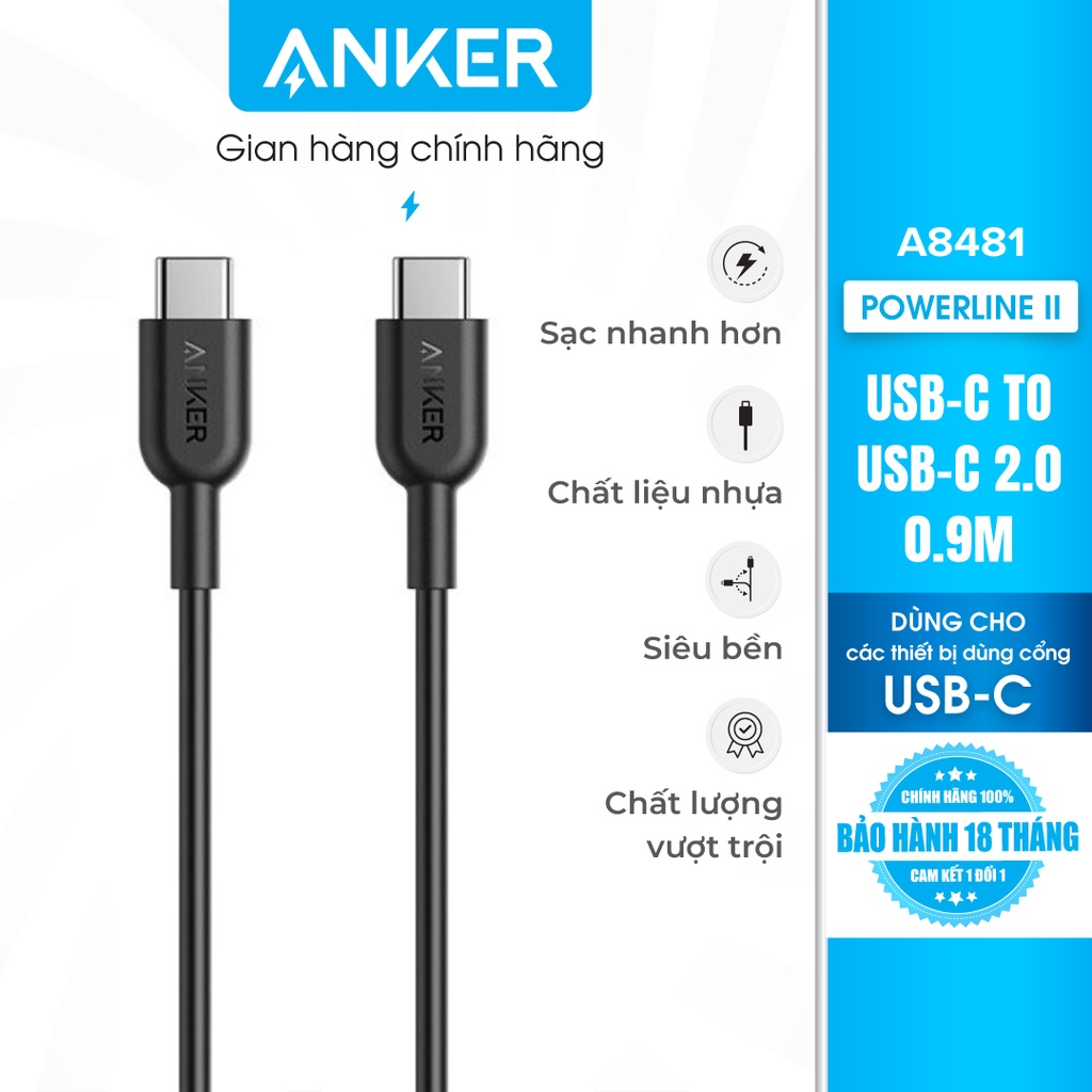 Cáp ANKER Powerline Chuyển Đổi USB-C Ra USB-C 2.0 dài 0.9m - A8181