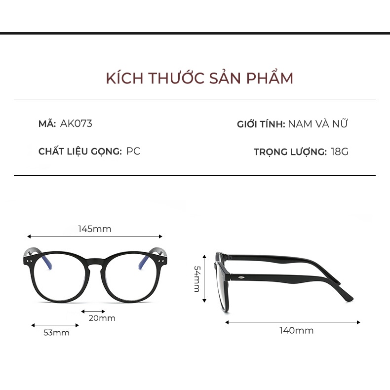 Kính Gọng Tròn Nam Nữ AORON Chống Cận Thị Dáng Unisex Thời Trang Hàn Quốc Gọng PC Siêu Bền Cá Tính Tuổi Teen AK073