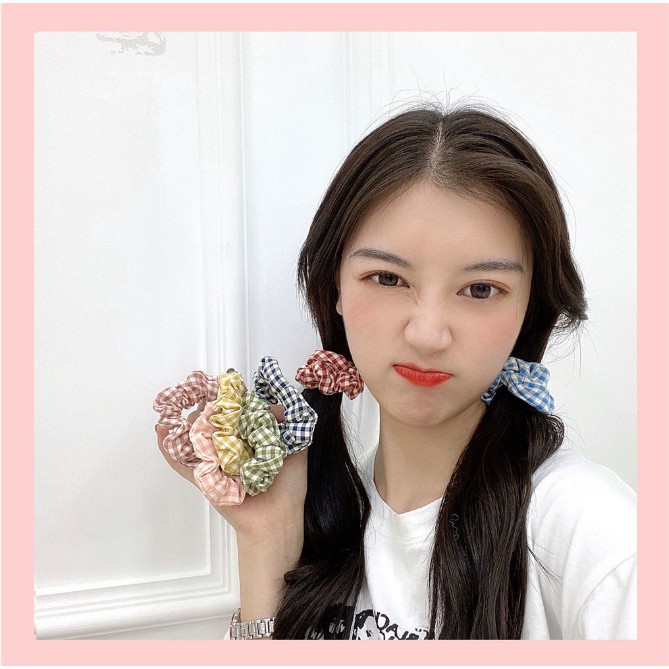 Dây buộc tóc, cột tóc vải scrunchies caro cao cấp, kiểu dáng dễ thương, phong cách Hàn Quốc