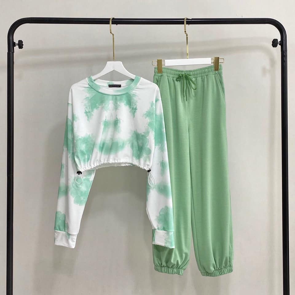 Set trang phục áo croptop tay dài loang màu tie dye + quần dài trơn ống bo basic pant
