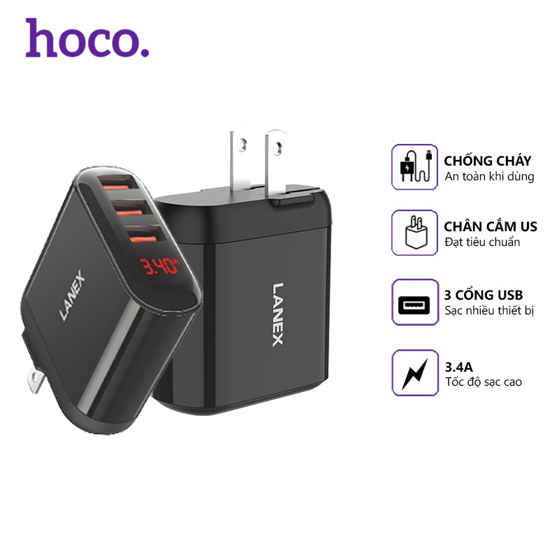 CÓC SẠC 3 CỔNG USB 3.4A LANEX (BH 6 THÁNG 1 DỔI 1 LỖI DO NHÀ SẢN XUẤT)