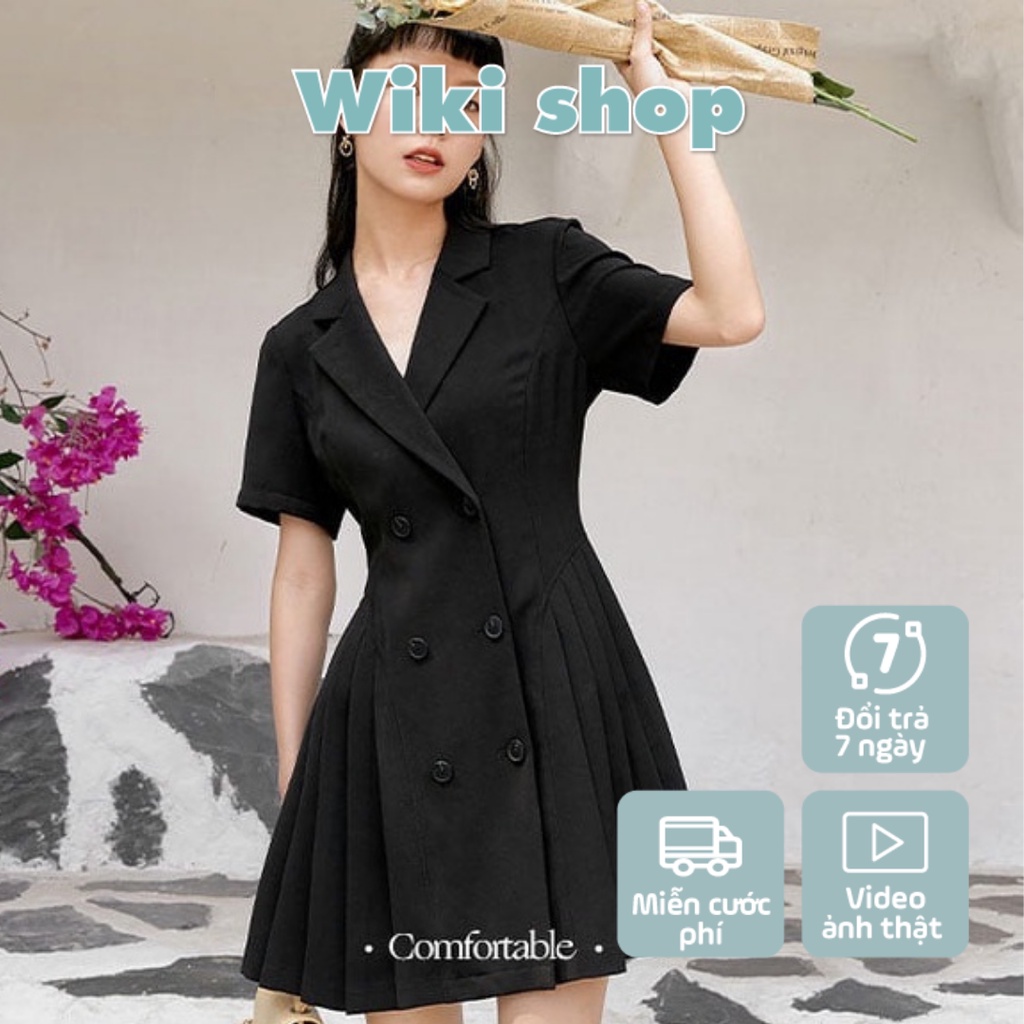 Váy cổ vest cúc dọc đuối cá freesize - Váy đầm nữ cộc tạy dáng vest đuôi cá xếp ly dáng xòe nhẹ freesize