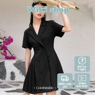 Váy cổ vest cúc dọc đuối cá freesize - Váy đầm nữ cộc tạy dáng vest đuôi cá xếp ly dáng xòe nhẹ freesize C230