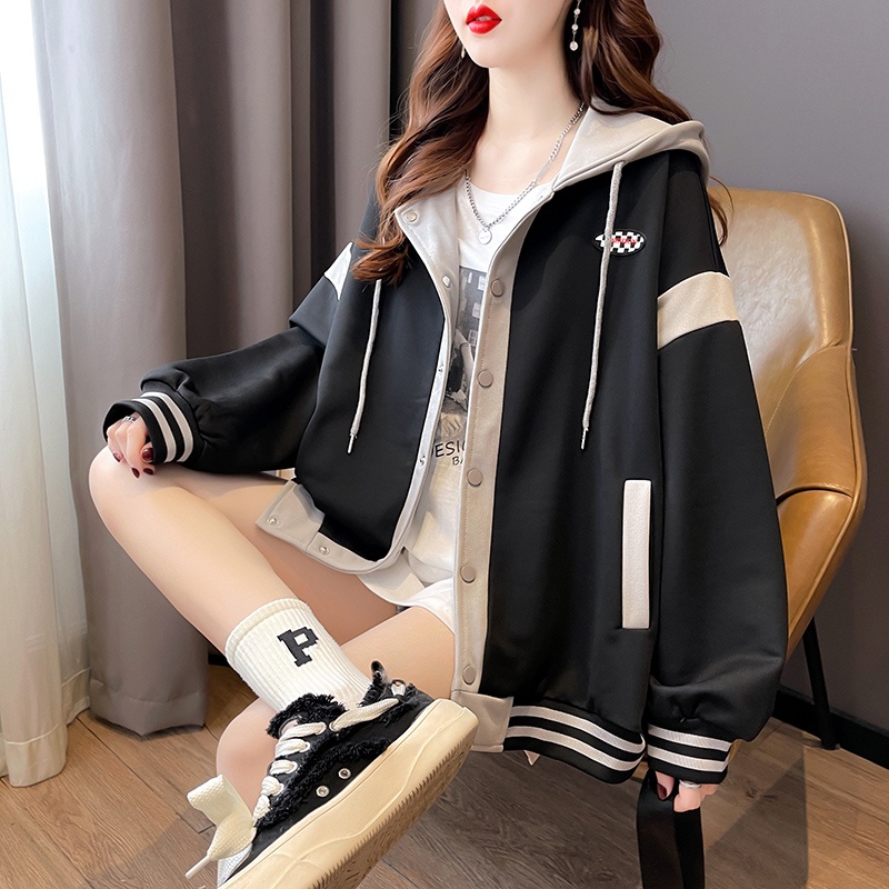 Áo hoodie nữ - khoác nỉ Bomber Unisex phối viền, có mũ 2 lớp dày dặn ulzzang phong cách Hàn Quốc, có Cúc bấm