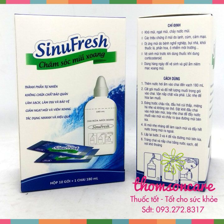 Bình rửa mũi xoang Sinufresh tặng kèm 30 gói muối làm sạch mũi, giảm khô mũi - Chính hãng Cát Linh