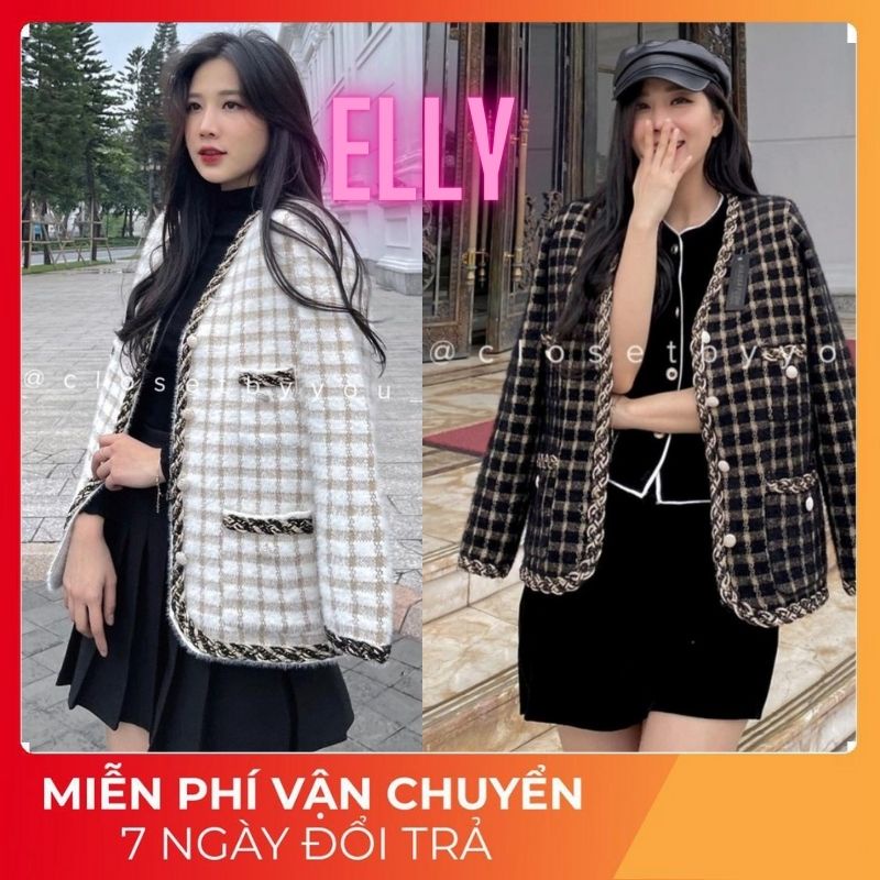 Áo dạ tweed nữ dáng ngắn Caro buộc nơ - Elly Clothings