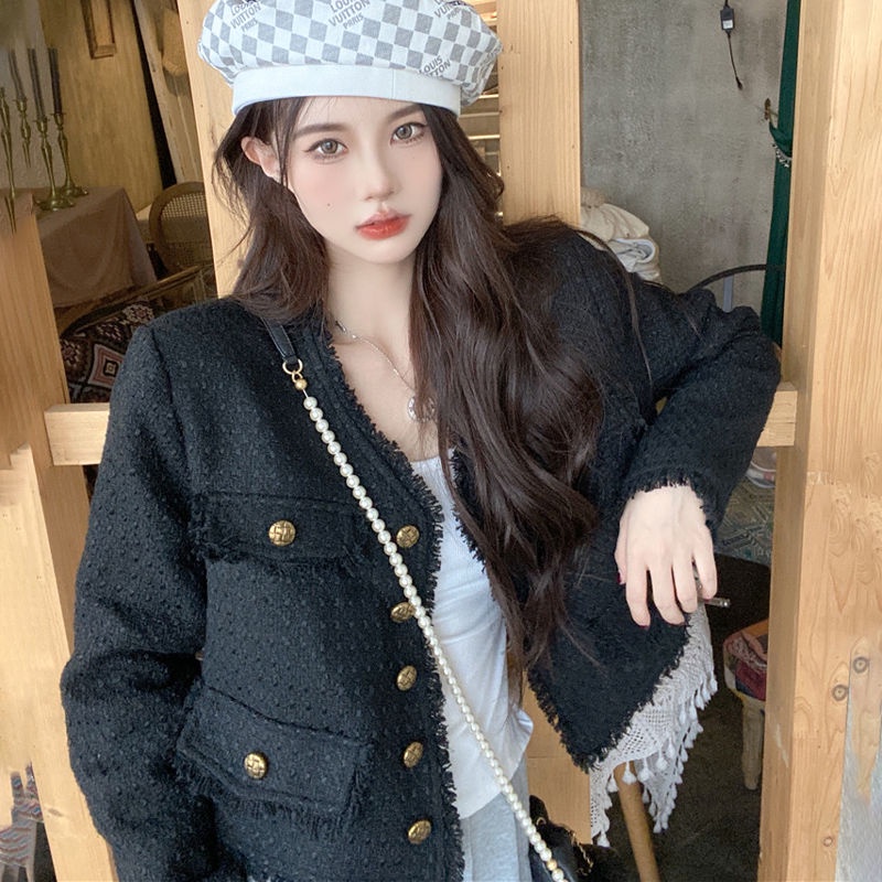 Áo Khoác Tay Dài Cổ Chữ V Dáng Rộng Màu Đen Phối Tua Rua Phong Cách Retro Thời Trang Mùa Thu Cho Nữ