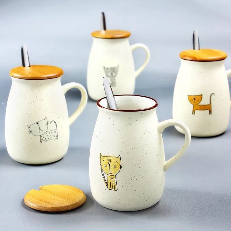 Ly Sứ Cao Cấp Hình Mèo Cartoon 400ml Có Nắp Đậy Kèm Thìa | BigBuy360 - bigbuy360.vn