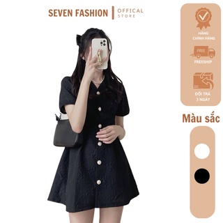Đầm nữ cúc ngọc vải gấm xốp hở lưng váy nữ dáng xòe cộc tay khuy cài q094