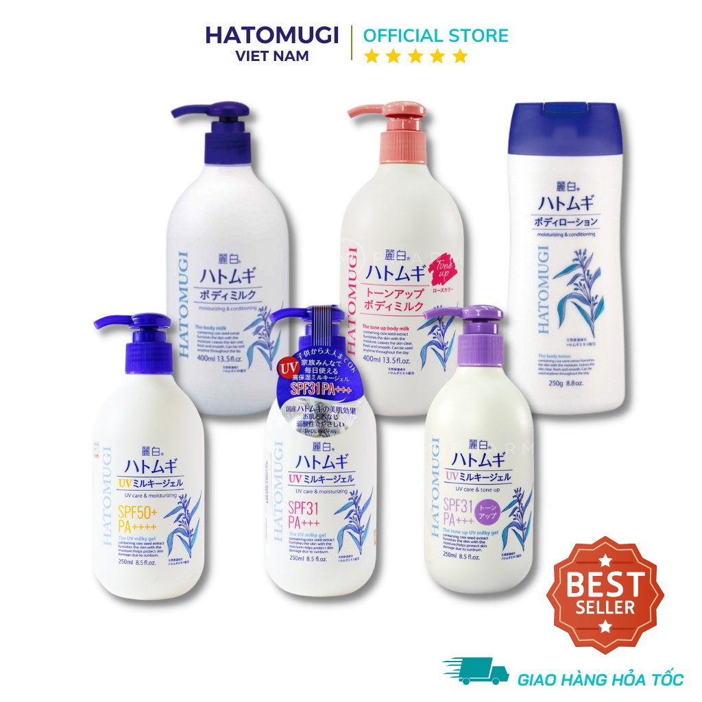 Bộ sữa dưỡng thể trắng da, nâng tone, chống nắng ngày và đêm Hatomugi nội địa Nhật bản