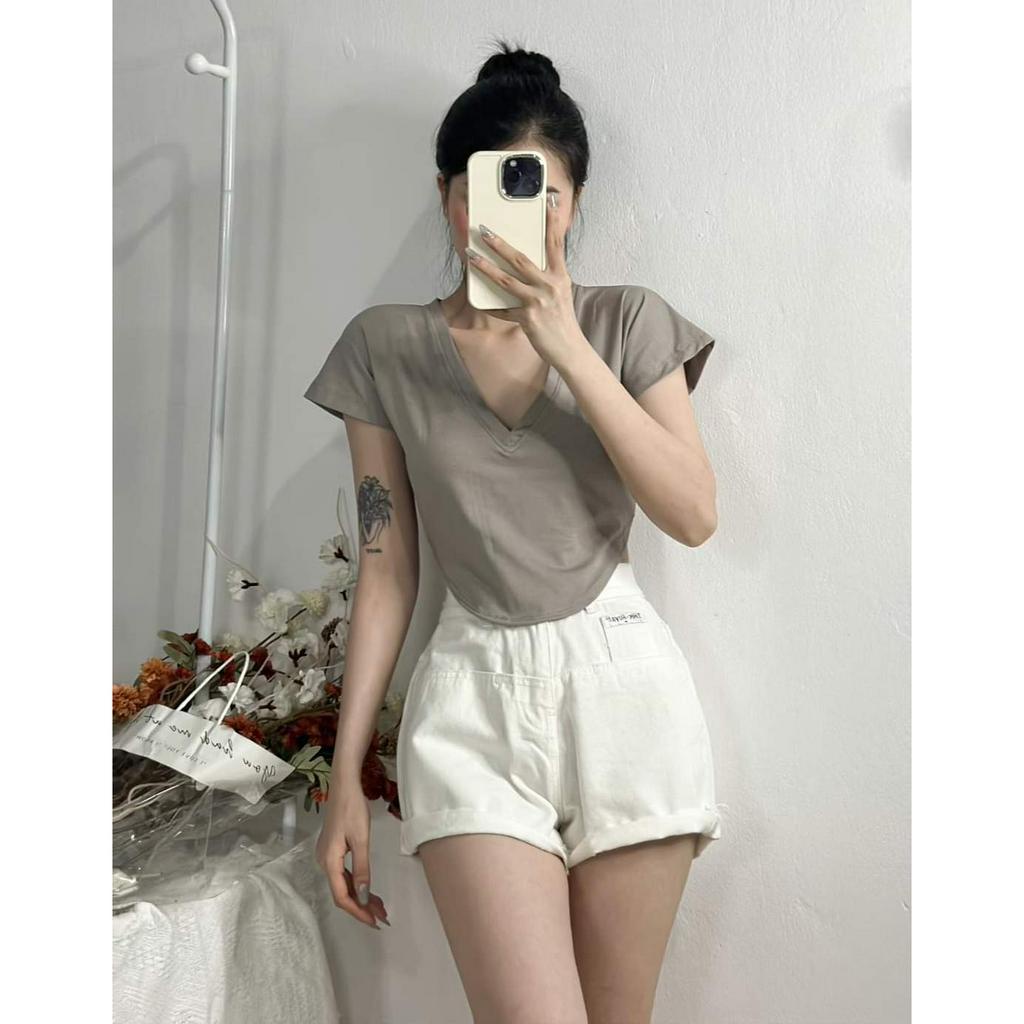 Áo croptop nữ tay ngắn vạt bầu cổ tim chất thun cotton 2 chiều mềm mịn mát - A0166