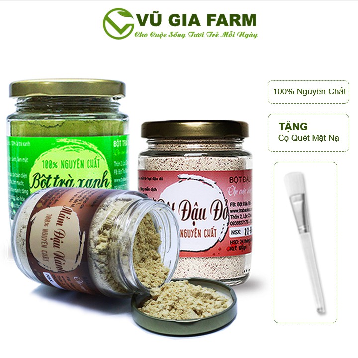 Combo Bột Trà Xanh + Bột Đậu Đỏ + Mầm Đậu Nành - Nguyên Chất Vũ Gia (100g/hũ) - Tặng Cọ Quét Mặt Nạ