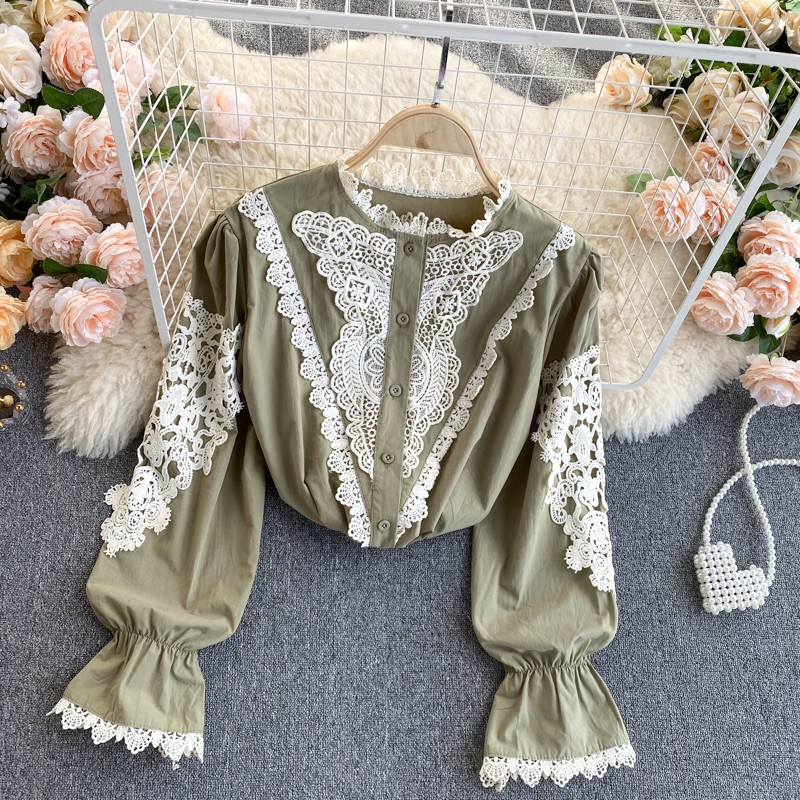 Áo sơ mi cổ tàu phối ren áo nữ cách điệu
