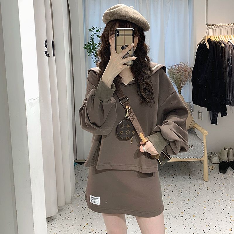 Set Áo Cổ Thủy Thủ Phối Chân Váy Thời Trang Mùa Thu Hàn Quốc 2022 Plus Size Cho Nữ