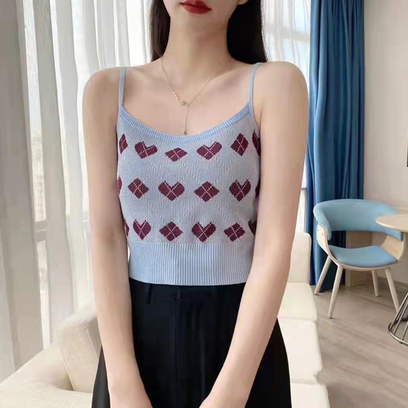 Brroa Áo Croptop Dệt Kim Hai Dây Không Tay Họa Tiết Trái Tim Kim Cương Tương Phản Cổ Điển Mùa Hè Cho Nữ